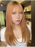 nアプリコットオレンジ、ホワイトブロンド、ロングレイヤー