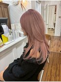 ロングハイレイヤー20代30代40代韓国ハイトーンピンクベージュ