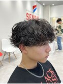 緩め波巻きパーママッシュ刈り上げメンズヘア眉毛仙台