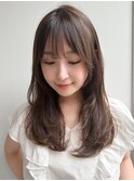 くびれヘアワンカールアプリコットオレンジ斜めバング美髪
