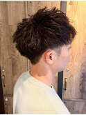 メンズツイストパーマ/無造作ヘア/束感ショート/フェードカット