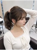 ミントカラーフレンチバングオリーブグレージュ顔まわりレイヤー