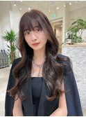 小顔薄めバンググレージュレイヤーロング前髪パーマ黒髪