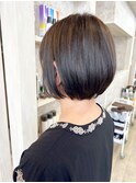 福山市Caary簡単スタイリング丸みショートボブ赤味ブラウン30代