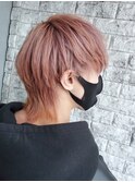 マッシュウルフ/ピンクベージュ/シースルーバング前髪/ウルフ
