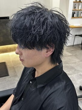 リオールバイニアウ(RE:ALL by Niau) メンズマッシュウルフブルーブラックブリーチカラーウルフ