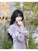 小顔薄めバンググレージュレイヤーロング前髪パーマ黒髪