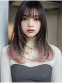 顔周りカットハッシュカットダークブラウンワンホンレイヤー韓国