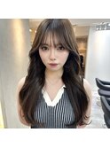 大人前髪アイスグレー韓国小顔レイヤー重めロングオリーブ