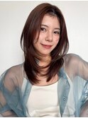 ◎ピンクベージュ前髪イメチェンミディアムレイヤーカット小顔