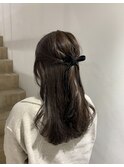 黒リボン簡単ヘアアレンジ×オリーブグレージュ