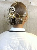 成人式ヘアセット　編み込みシニヨン　水引アレンジ　和装ヘア
