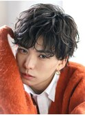 韓国マッシュフェザーパーマニュアンスパーマセンターパート黒髪
