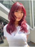 顔まわりカットレイヤーカット赤髪チェリーレッドボルドーカラー