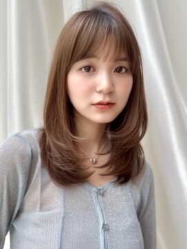 ミディアムレイヤーカットマロンベージュぱっつん前髪KA-82