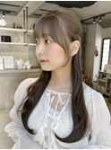 ブリーチなしオリーブブラウンカラー前髪カットハーフアップ