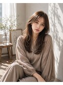 セミロング×グレージュ×小顔