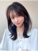 シャギーレイヤーロング韓国ワンホンヘアシースルーぱっつん前髪
