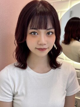 ミミヘアーガーデン(mimi hair garden) チェリーレッド/ウェーブ巻き/ブリーチなしダブルカラー