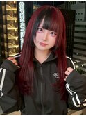 12745黒髪ワインレッドインナーカラーぱっつん前髪レイヤー