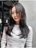 ロングダークアッシュ韓国ヘア顔周りレイヤー_F1415