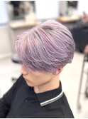 シルバーローライトピンクカラーセンターパートメンズブリーチ