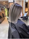 バレイヤージュ、ハイライト、レイヤーロング、グレーベージュ