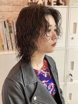 ヘアー アレス(hair ales)&nbsp;黒髪 ボブルフ ネビージュ 小顔 ワンレン ウェーブパーマ