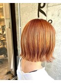 カッパーブラウン×ハイトーンカラー×ぶつ切りボブ/40代50代