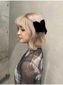 ピンクブロンドミルクティーピンクミディアムボブトリプルカラー