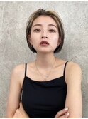 インナーカラーベージュ外ハネボブデザインカラーバングカラー
