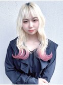 ホワイトブロンド/波巻きウェーブ/デザインカラー/エンドカラー