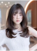 大人かわいい前髪セシルカットココアブラウンフリンジウェーブ