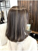 ロングショートワンカールパーマカーキグレージュ前髪錦糸町
