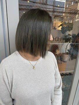 マルフェ 天王寺(marfe) ぱっつんボブ　オリーブグレージュ　透明感カラー　白髪ぼかし