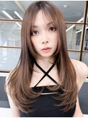 韓国風レイヤー大人ロングストレートワンカールベージュカラー