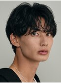 渋谷フェザーパーマメンズマッシュウルフセンターパートカット