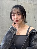 インナーカラーベージュ外ハネボブデザインカラーバングカラー