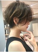 黒髪オリーブグレー小顔ココアベージュ大人ショートボブパーマ