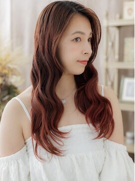カバーヘア ブリス 川口(COVER HAIR bliss) 波巻きウェーブチェリーレッドくびれロングボルドーカラーa