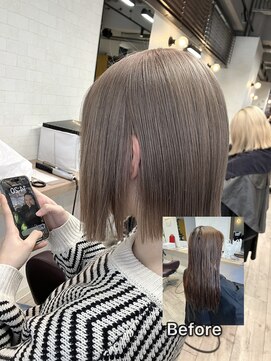 コワファースト長崎シャンプーボーイ 2nd(COIFF1RST 長崎 SHAMPOO BOY) 長崎 ケアブリーチ 切りっぱなしボブ ミルクティーベージュ