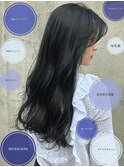 大人かわいいブルーブラック黒髪レイヤーカットデジタルパーマ
