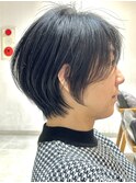【大人ショートボブ/前髪なし/クビレショート/白髪ぼかし】