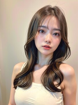 ムウ 難波(MOU) ミディアムレイヤーボブルフ黒髪ネビージュ小顔ワンレン20代30代