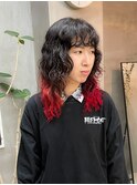 毛先カラー　ブリーチカラー　レッドカラー　赤　黒　パーマ