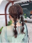 結婚式二次会アレンジ ツインヘア リボンアレンジ 編みおろし