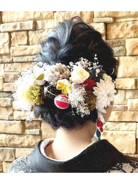 ヘアセット 華やか編み込みアップスタイル 成人式着物着付け