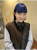 切りっぱなしボブ×ブルーカラー/ネイビーグレー/ぱっつん前髪