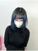 ウルフレイヤー×ブラックルーツ×ブルー×毛先ブラックデザイン