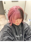 ボブ/ハイトーン/外ハネ/ピンク/ブロックカラー